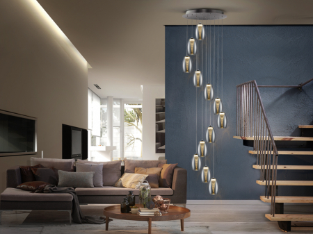Lustra LED lux inalta crom rotunda Loupi, 12 abajururi din sticla si policarbonat, inaltime reglabila, 584541 - Schuller [3]