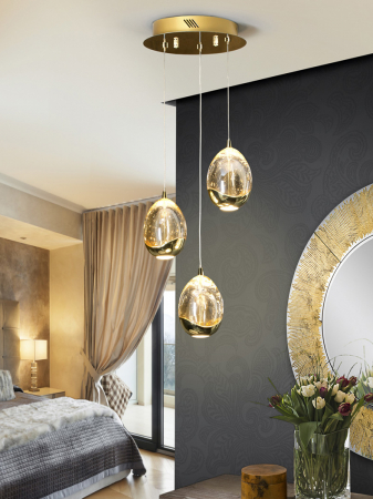 Lustra LED rotunda lux crom/aurie Rikki, 3 abajururi din sticla cu bule decorative, inaltime reglabila, 783753 - Schuller [5]