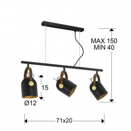 Lustra liniara neagra Emine, 3 abajururi metal rotative, detalii piele sintetica, inaltime reglabila, 346724 - Schuller [1]