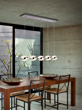 Lustra LED liniara premium alb-argintiu Celeste, 5 abajururi eliptice acril texturat cu inel metalic, inaltime ajustabila, 377523 - Schuller [2]