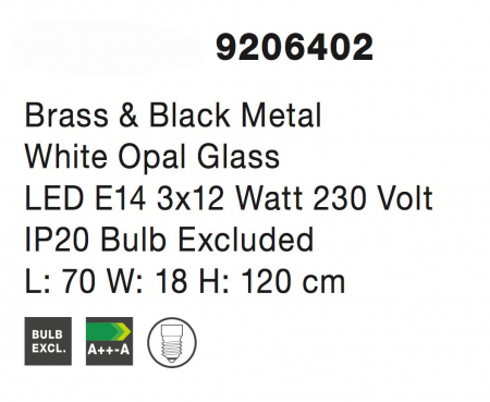 Lustra linie Leyla 70 cm, 3 globuri albe sticla, metal negru cu dreptunghi auriu, 9206402 - Novaluce [4]