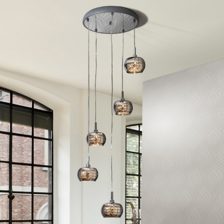 Lustre - Lustra lux crom rotunda Camila, 5 pendule sticla cu cristale, inaltime reglabila, 193364 - Schuller
