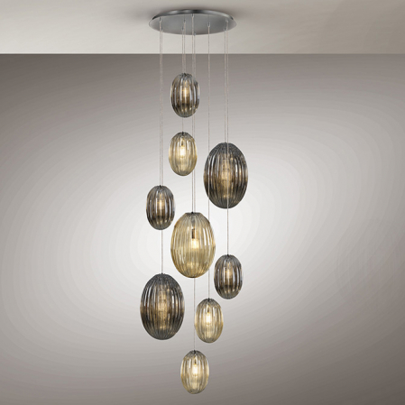 Lustre - Lustra lux inalta dimabila Kati 9 pendule sticla texturata fumurie sampanie, inaltime reglabila, telecomanda, 752367D - Schuller