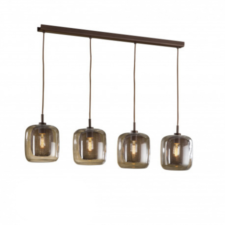 Lustre - Lustra lux liniara Sabro, 4 pendule sticla maro cu mesh metalic interior, inaltime reglabila, 653422 - Schuller