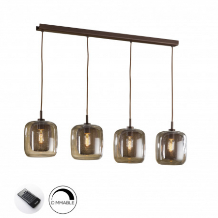 Lustre - Lustra lux liniara Sabro, 4 pendule sticla maro cu mesh metalic interior, inaltime reglabila, cu telecomanda, 653422D - Schuller