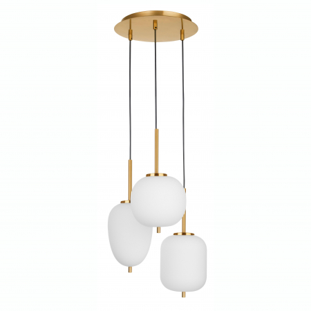 Lustre - Lustra moderna rotunda 3 pendule diferite alb cu auriu Felicia Ø30 cm, sticla/metal, 9624068 - Novaluce
