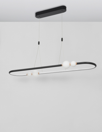 Lustra orizontala dimabila LED neagra/aurie Charon 100 cm, detalii glob albe sticla, design modern, 9820603 - Novaluce [1]