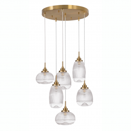 Lustre - Lustra pe fir retro 6 pendule forme diferite sticla transparenta Niraj Ø51 cm, metal auriu satinat, 9731215 - Novaluce