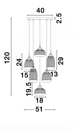 Lustra pe fir retro 6 pendule forme diferite sticla transparenta Niraj Ø51 cm, metal auriu satinat, 9731215 - Novaluce [3]