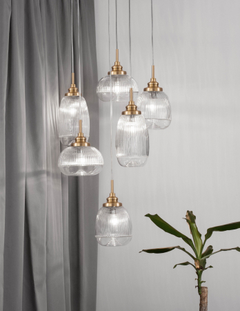 Lustra pe fir retro 6 pendule forme diferite sticla transparenta Niraj Ø51 cm, metal auriu satinat, 9731215 - Novaluce [2]
