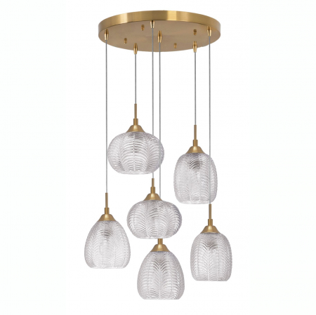 Promotii - Lustra retro 6 pendule sticla transparenta cu model Sekar Ø40 cm, metal auriu satinat, 9191544 - Novaluce