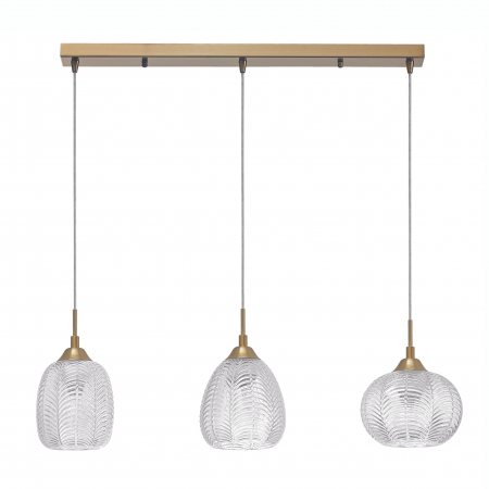 Lustre - Lustra retro liniara 3 pendule sticla transparenta cu model Sekar 65 cm, metal auriu satinat, 9191543 - Novaluce