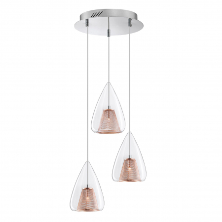 Promotii - Lustra rotunda 3 pendule sticla transparenta Kimbra Ø30 cm, detalii metal impletit auriu rose, design modern, 1600200503 - Novaluce