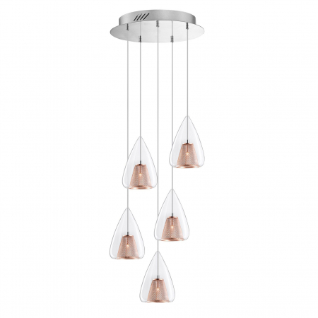 Lustre - Lustra rotunda 5 pendule sticla transparenta Kimbra Ø30 cm, detalii metal impletit auriu rose, design modern, 1600200507 - Novaluce