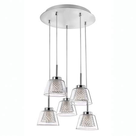 Lustre - Lustra rotunda eleganta cu 5 pendule pe fir Boncan Ø30 cm cm, sticla transparenta, metal crom, 1300301305 - Novaluce