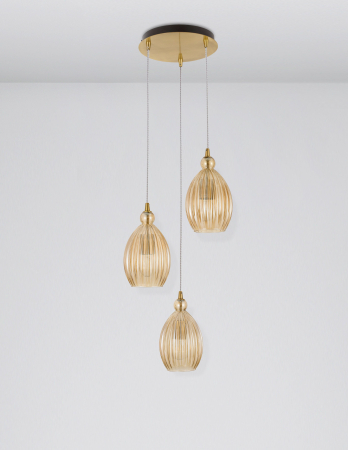 Lustra sticla galbena 3 pendule forma rotunda alungita Jaime Ø23 cm, metal auriu, 9988382 - Novaluce [1]
