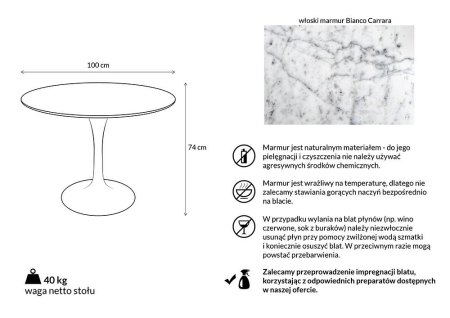 Masă de Dining Tulip Marble 100x100x74 cm, Marmură și Metal Alb Luciu Înalt - King Home [3]