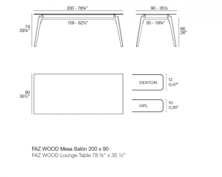 Masa exterior Faz 200x100x74 cm, blat HPL/DEKTON®, picioare lemn, 54308 BE W - Vondom [3]