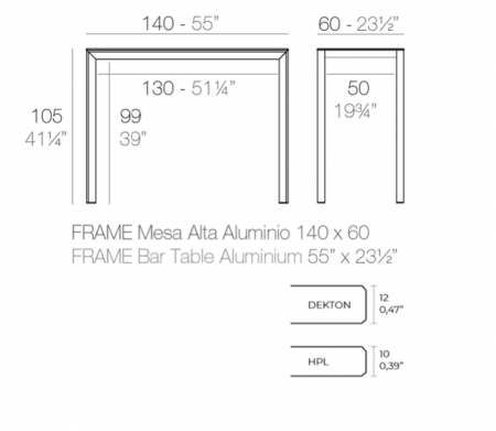 Masa exterior inalta¬†Frame 140x60x105 cm, blat HPL/DEKTON®, picioare aluminiu, 54243F BE B - Vondom [2]