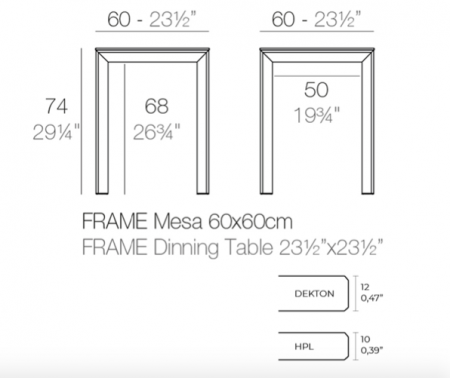 Masa exterior patrata Frame 60x60x74 cm, blat HPL/DEKTON®, picioare aluminiu, 54230F BE B - Vondom [2]
