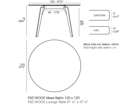 Masa exterior rotunda Faz Ø120x74 cm, blat HPL/DEKTON®, picioare lemn, 54323 BE W - Vondom [3]