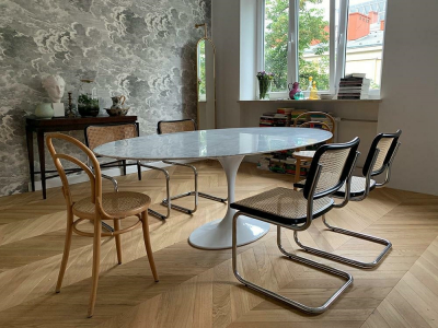 Masa ovala alba extravaganta Leone 200x120 cm, blat alb marmura italiana Bianco Carrara/picior central alb lucios, RT-335V - King [8]