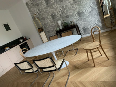 Masa ovala alba extravaganta Leone 200x120 cm, blat alb marmura italiana Bianco Carrara/picior central alb lucios, RT-335V - King [7]