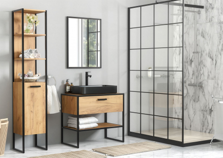 Masca de lavoar baie 90 cm, stejar, structura metalica neagra, stil industrial Brooklin COMAD [3]