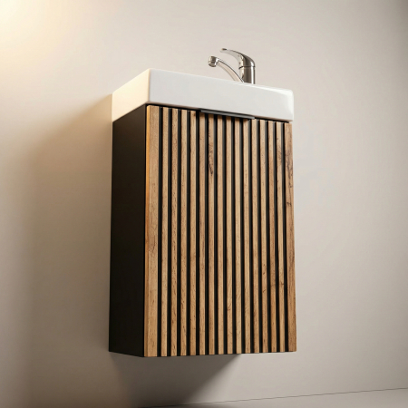 Masca lavoar baie suspendata Xilo, 40/60/80/100 cm, MDF + PAL, stejar cu insertii negre, COMAD [7]