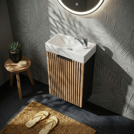 Masca lavoar baie suspendata Xilo, 40/60/80/100 cm, MDF + PAL, stejar cu insertii negre, COMAD [11]