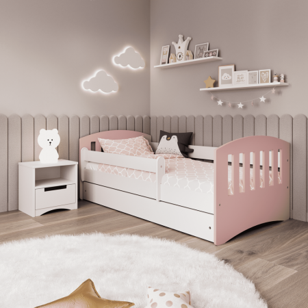 Pat copii Classic MDF 140/160/180x90 cm cu sertare si saltea, alb cu gri/alb cu roz [1]