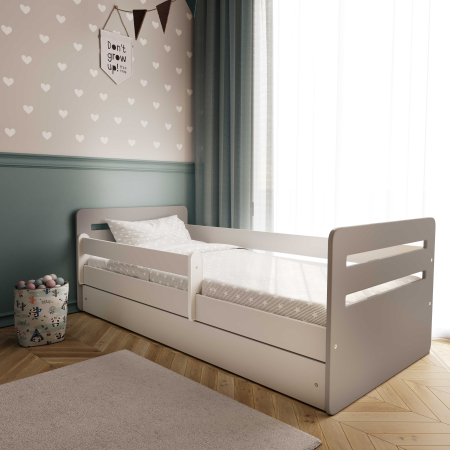 Pat copii MDF alb cu gri Tomi Mix 140/160/180x90 cm, cu sertar si saltea [3]