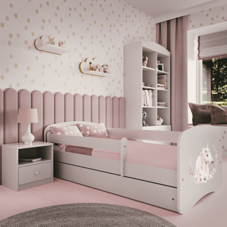 Pat fetite MDF cu desen unicorn Babydream, 140/160/180 cm diverse culori , sertar si saltea [4]
