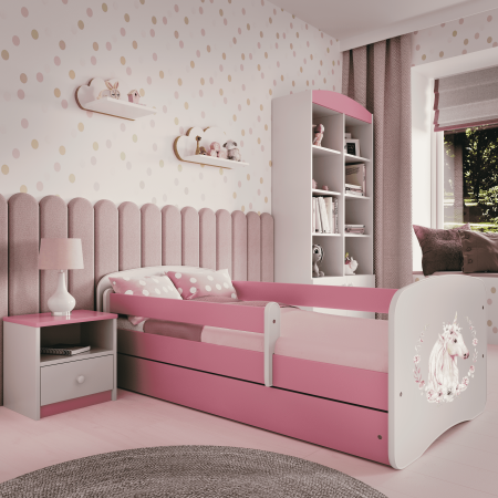 Pat fetite MDF cu desen unicorn Babydream, 140/160/180 cm diverse culori , sertar si saltea [4]