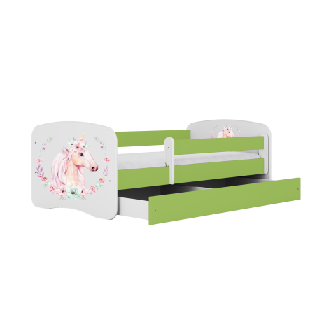 Pat fetite MDF cu desen unicorn Babydream, 140/160/180 cm diverse culori , sertar si saltea [3]