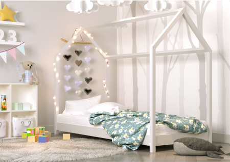 Paturi si canapele pentru copii - Pat montessori alb in forma de casuta Bella din lemn masiv pin, 160/180/200 cm, design scandinav