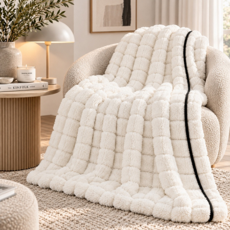 Pătură plusată cu model în carouri Royal 200x4x150 cm, Plusz Alb - SHP [2]