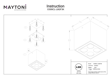 Plafonieră de exterior Ares, Metal și sticlă Grafit, 8W, MAYTONI O309CL-L8GF3K [4]