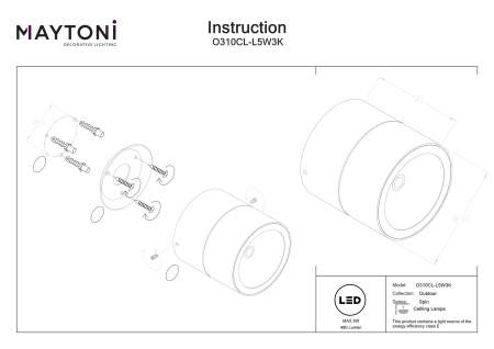 Plafonieră de exterior Spin, Metal și sticlă Alb, 5W, MAYTONI O310CL-L5W3K [4]