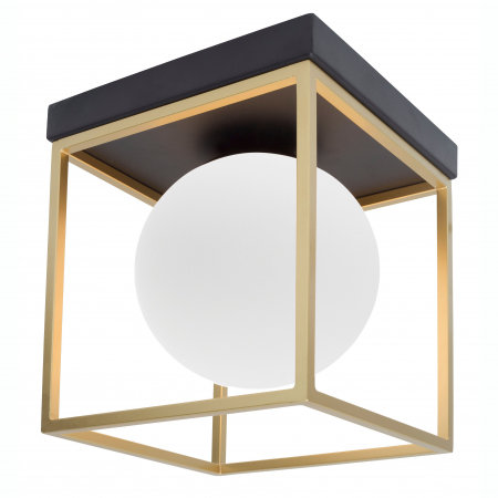 Plafoniere LED - Plafoniera patrata neagra Leyla 18,5x18,5 cm cu glob alb sticla, patrat auriu, design modern, 9206404 - Novaluce