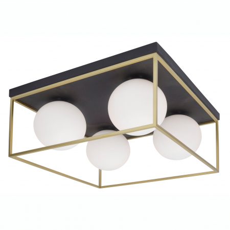 Plafoniere LED - Plafoniera patrata neagra Leyla 45x45 cm, 4 globuri albe sticla, patrat auriu, design modern, 9206403 - Novaluce