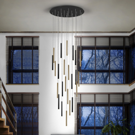 Lustre - Plafoniera rotunda de lux cu 25 pendule negre si aurii LED dimabil Kimber Ø90 cm, control telecomanda, 373968D - Schuller