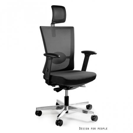 Scaune High end - Scaun de birou negru/maro/alb Forte, inaltime reglabilă, sezut tapitat cu piele naturala, spatar si tetiera mesh, baza aluminiu, W-969Y-HL-4 - Unique