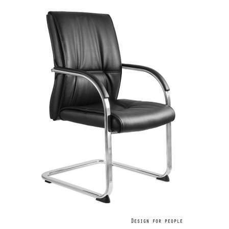 Scaune de birou - Scaun de birou negru Brandon Skid tapitat cu piele ecologica, cotiere cu protectie, baza din aluminiu fixa, C041-PU-4 - Unique