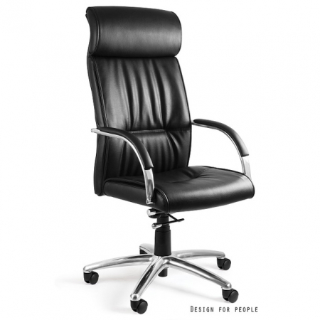 Scaune High end - Scaun de birou negru Brandon tapitat cu piele ecologica/naturala, cu cotiere, baza din aluminiu, inaltime reglabila, C049-PU-4 - Unique