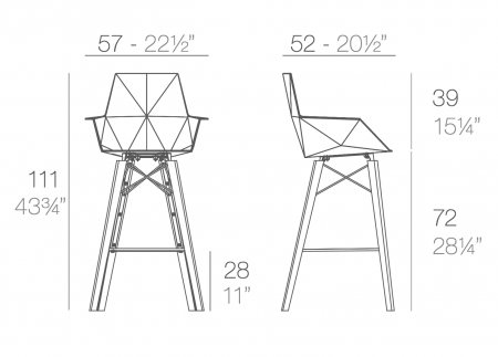 Scaun inalt bar terasa Faz cu brate 57x52x111 cm picioare lemn, model geometric modern, 54302 - Vondom [1]
