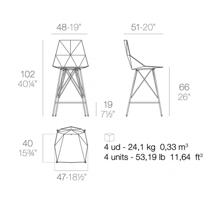 Scaun inalt de bar terasa Faz 50x51x102 cm fara brate, model modern geometric, baza metal, 54163 - Vondom [1]