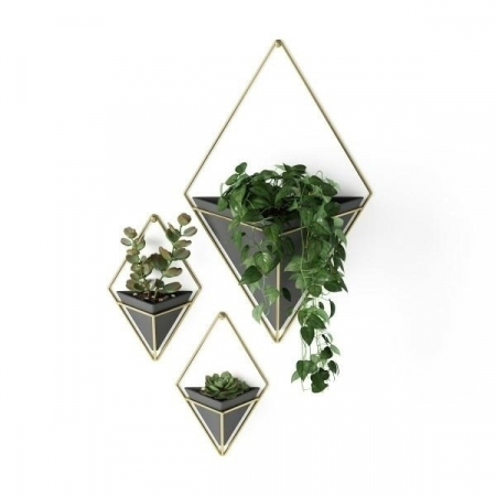 Set 2 ghivece ceramice perete Mauro in forma de triunghi, diverse culori, suport metalic auriu, design modern, 470753-1137 Black - King [6]