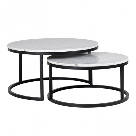 Masute de cafea - Set 2 masute cafea rotunde maro/alb Zuka premium, blat marmura cadru metal negru, 7051 - Richmond Interiors