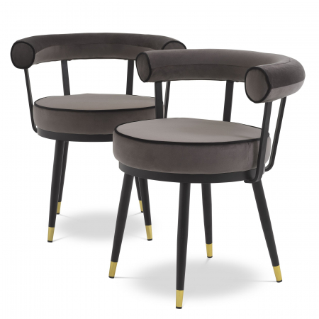 Scaune - Set 2 scaune rotunde stil retro Vico catifea bej/gri, picioare negre cu auriu | Eichholtz - 114379